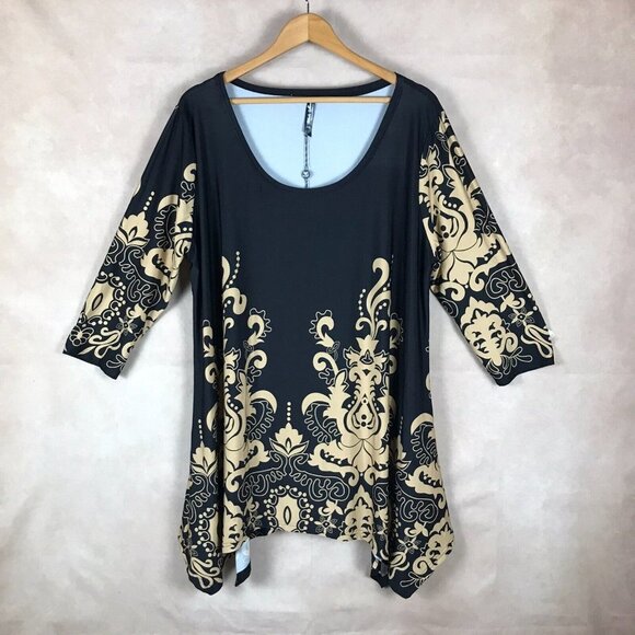 WHITE MARK 3/4 Sleeve Asymmetrical Black Printed Tunic NWT 1XL - Picture 4 of 8